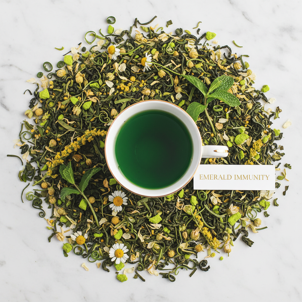 Emerald Immunity Loose Leaf Tea flat lay on white marble