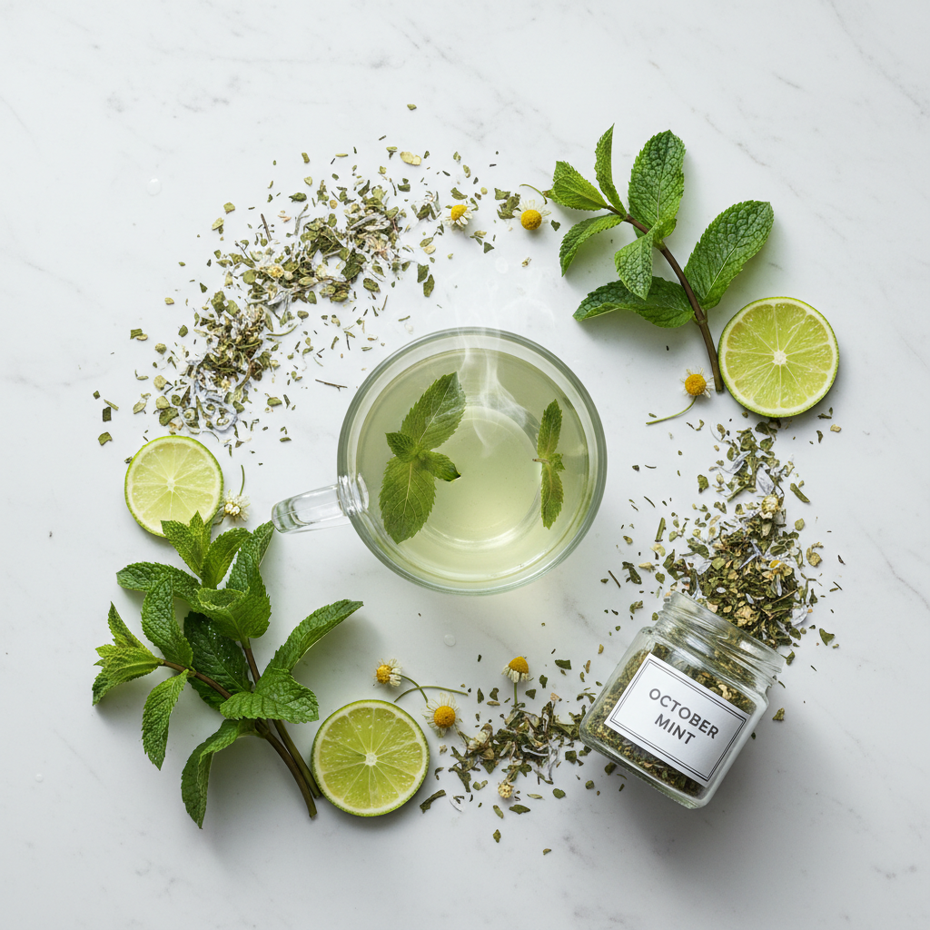 October Mint Loose Leaf Tea flat lay on white marble
